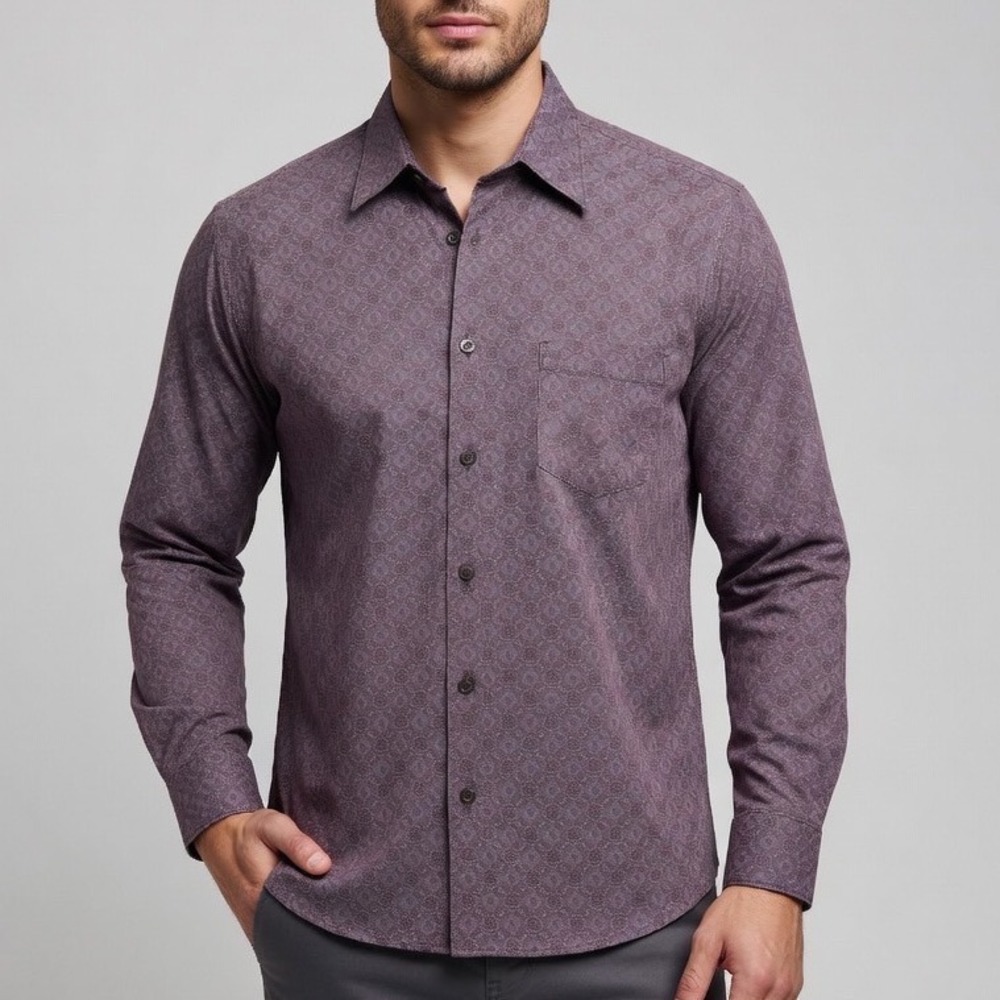 Hugo Boss Men Purple Geometric Print Cotton Button Down Shirt Size M Long Sleeve